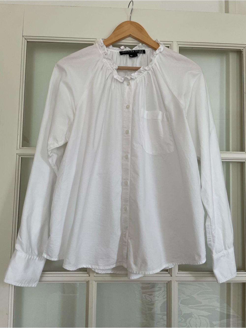 Veronica Beard Jeans white 100% cotton ruffle neck button up shirt blouse Large